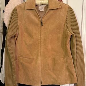 A.M.I Tan leather Jacket with Ribbed sweater Sleeves
